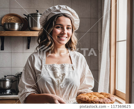 A woman in a white apron is smiling and holding a pie 117369625