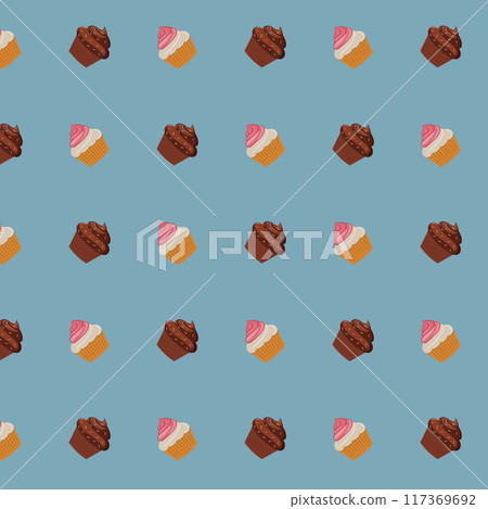 Pattern of chocolate and white cupcakes on a blue background. 117369692
