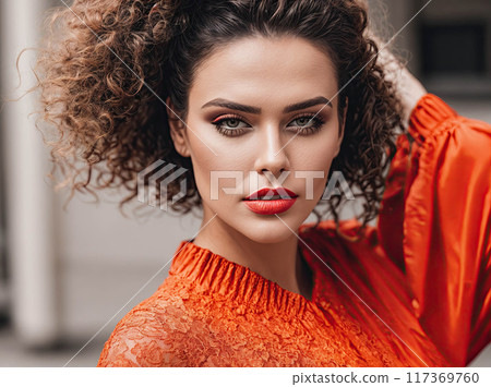 A woman with red hair and a red dress poses for a picture 117369760