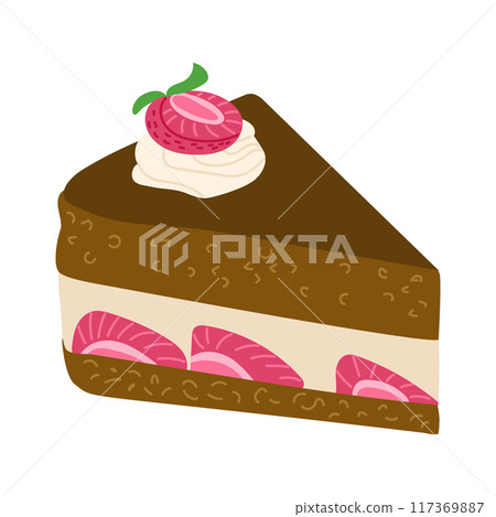 Piece of chocolate cake with strawberries and whipped cream in flat style. Vector flat birthday illustrations isolated on white background. Good for decoration, sticker and logo. Birthday concept 117369887