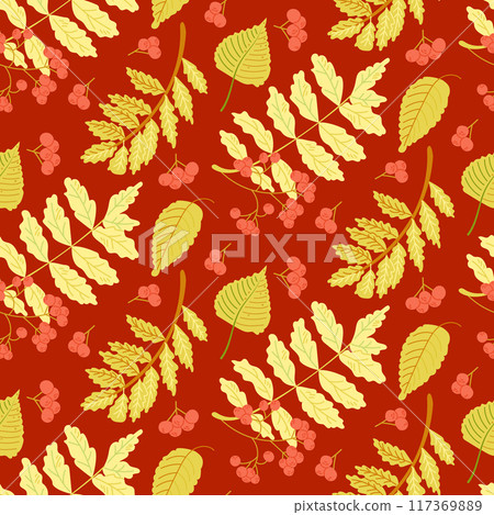 Bold autumn seamless pattern with rowan leaves and red berries. Hand drawn flat style. Simple botanical illustration on dark background. Perfect for textile and wrapping. Dark theme Bold autumn seamless pattern with rowan leaves and red berries. Hand drawn flat style. Simple botanical illustration on dark background. Perfect for textile and wrapping. Dark theme 117369889