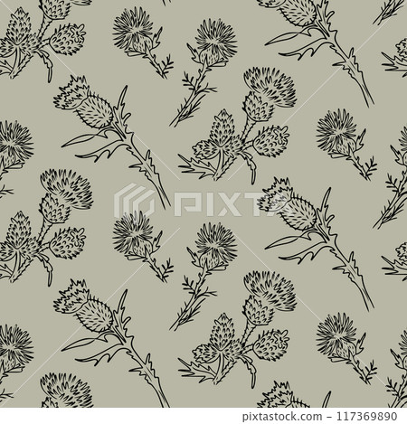 Floral contrast seamless pattern with contour doodle thistles. Summer hand drawn contrast illustration on green grey background. Best for wrapping, textile, paper, wallpaper, background Floral contrast seamless pattern with contour doodle thistles. Summer hand drawn contrast illustration on green grey background. Best for wrapping, textile, paper, wallpaper, background 117369890