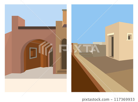 Abstract architecture in the Mediterranean style. Minimalist building design. Template for posters, prints, interior design and creative ideas Abstract architecture in the Mediterranean style. Minimalist building design. Template for posters, prints, interior design and creative ideas 117369933