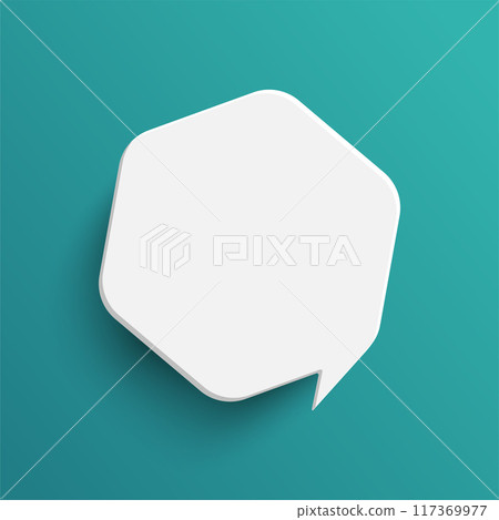 White hexagon speech bubble on green background White hexagon speech bubble on green background 117369977