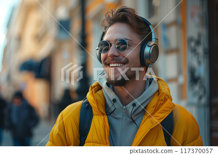 A handsome young man listens to music in headphones while walking down the street. 117370057