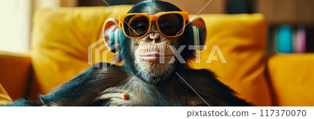 A monkey wears colorful sunglasses and Bluetooth headphones in the living room. 117370070