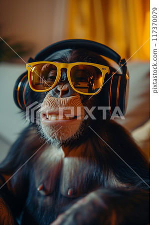 A monkey wears colorful sunglasses and Bluetooth headphones in the living room. A monkey wears colorful sunglasses and Bluetooth headphones in the living room. 117370079