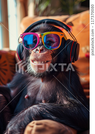 A monkey wears colorful sunglasses and Bluetooth headphones in the living room. A monkey wears colorful sunglasses and Bluetooth headphones in the living room. 117370080
