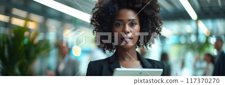 African American woman with afro hair holding a tablet while standing in front of people in the office. 117370270