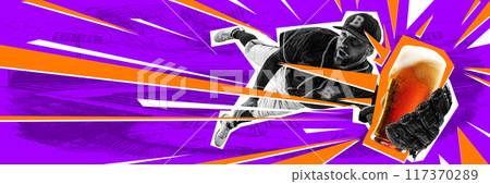 Dynamic image of man, baseball player in motion, catching beer mug instead of ball against abstract background. Contemporary art collage. 117370289