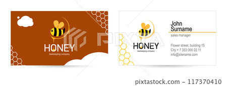 Creative business card for the honey company. Bee logo . Vector illustration . 117370410