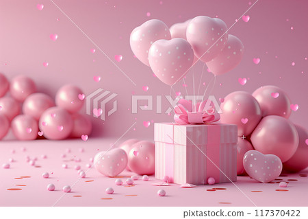 3D Valentine background with gift boxes, balloons and hearts on pink pastel colors. 117370422