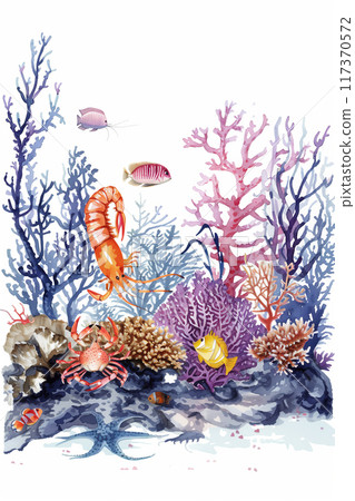 Watercolor paintings of strange underwater animals Weird aquatic plants. 117370572