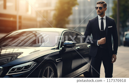 professional driver of black luxury car, confident man in suit 117370918
