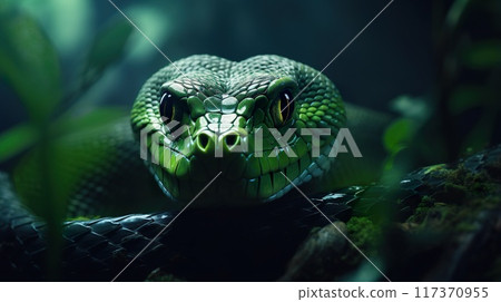 closeup portrait of green snake at nature, reptile animal 117370955