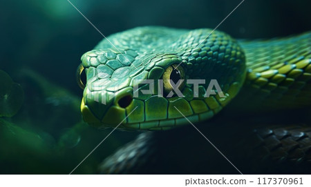 closeup portrait of green snake at nature, reptile animal 117370961