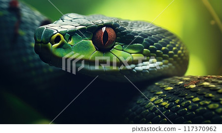 closeup portrait of green snake at nature, reptile animal 117370962