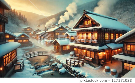 A hot spring town covered in snow, steam rising from the hot springs 117371028