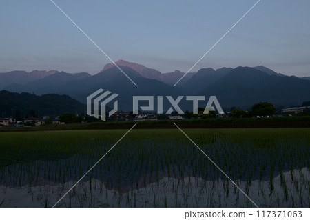 Mount Kaikoma in the Southern Alps at dawn falls over a rice field in Hakushu Town, Hokuto City. Mount Kaikoma in the Southern Alps at dawn falls over a rice field in Hakushu Town, Hokuto City. 117371063
