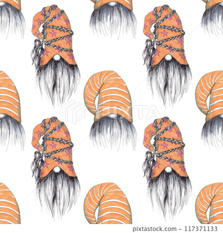 Cartoon dwarves for decorative design. Holiday decoration. Creative design template. Creative illustration. Christmas holiday background. Seamless gnomes pattern for pillows, kitchen textiles and napk 117371133