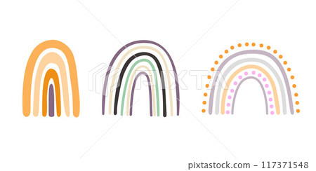Boho rainbows set abstract shapes, simple hand drawn silhouette vector illustration in trendy pastel colors, minimalist concept perfect for making cards, banners, modern posters, textile, papercraft 117371548