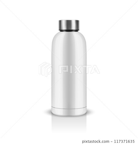 Vector Realistic 3D White Blank Glossy Reusable Water Bottle with Silver Bung Closeup Isolated. Design Template of Packaging Mockup. Front View 117371635
