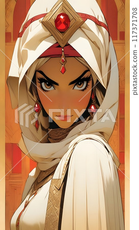 a woman with a regal presence, possibly a queen or a powerful leader, adorned with elaborate jewelry and clothing, suggesting her high status a woman with a regal presence, possibly a queen or a powerful leader, adorned with elaborate jewelry and clothing, suggesting her high status 117371708