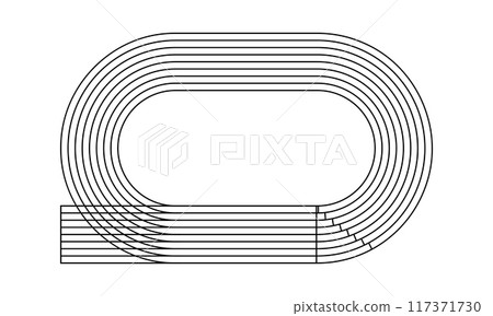 Running track print. Sports stadium top view. Racetrack for sprint, marathon or other athletic competition isolated on white background. Vector graphic illustration 117371730