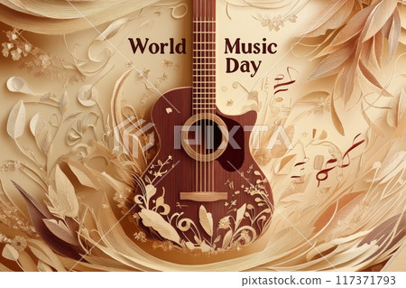 An artistic illustration celebrating World Music Day with a guitar surrounded by intricate floral designs and musical notes, highlighting the importance of music. Generative AI 117371793