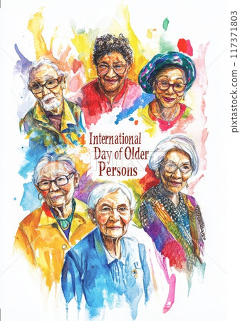 Celebration of International Day of Older Persons with diverse elderly women showcasing joy and wisdom in a colorful illustration. Generative AI 117371803