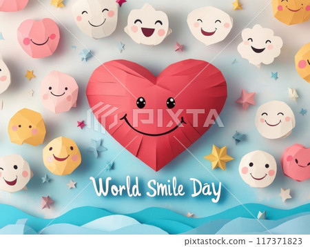 Celebration of World Smile Day with cheerful heart and smiling clouds in a colorful illustration featuring stars and playful elements. Generative AI 117371823