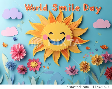 A cheerful sun illustration celebrates World Smile Day with vibrant flowers and a bright blue background. Generative AI 117371825