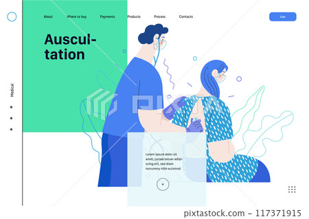 Doctor and patients -medical insurance, modern flat vector concept digital illustration. Stethoscope examination procedure - patient and doctor carrying out procedure, medical office or laboratory Doctor and patients -medical insurance, modern flat vector concept digital illustration. Stethoscope examination procedure - patient and doctor carrying out procedure, medical office or laboratory 117371915