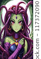 a female game character with green skin, purple hair, and a third eye, wearing a purple and gold outfit, her hair is made up of many tentacles, which are a prominent feature of her design 117372090