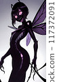 evil fairy with a striking and unsettling appearance, her skin is a deep, almost black shade, and her eyes glow with an eerie pink light, her mouth is contorted into a grotesque grin 117372091