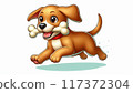 一隻嘴裡叼著骨頭奔跑的小狗的插圖 117372304