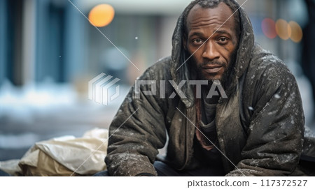 Close-Up of Homeless Man with Expressive Eyes and Long Beard, Capturing Poverty 117372527