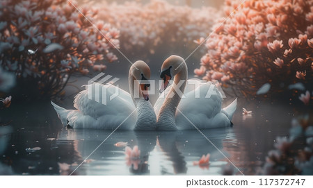 Graceful swans forming heart shape amidst pink trees and floating petals on serene lake 117372747