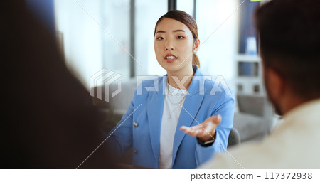 Meeting, asian woman and leader for business collaboration, marketing training or manager coaching in office. Team leadership, ceo talking and creative management or planning startup goals strategy 117372938