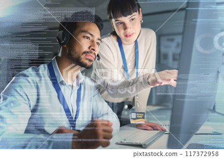 Call center, digital overlay and team on computer for customer support, telemarketing and crm network. Communication, information technology hologram and woman training, help and consulting with man Call center, digital overlay and team on computer for customer support, telemarketing and crm network. Communication, information technology hologram and woman training, help and consulting with man 117372958