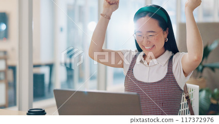Laptop news, excited and happy woman, business celebration or reading online announcement. Winner achievement, feedback and Asian worker smile for income, email notification or startup company profit Laptop news, excited and happy woman, business celebration or reading online announcement. Winner achievement, feedback and Asian worker smile for income, email notification or startup company profit 117372976