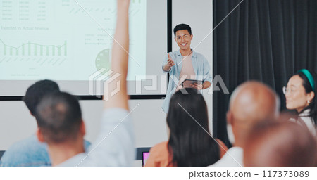 Presentation, question and Asian businessman in digital marketing, data analytics and research on monitor screen for audience. Hand, ideas and creative presenter for leadership and mentorship 117373089