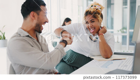 Happy business people, fist bump and celebration in teamwork, partnership or promotion together at office. Man and woman or friends touching hands in winning, greeting or friendship at workplace 117373099