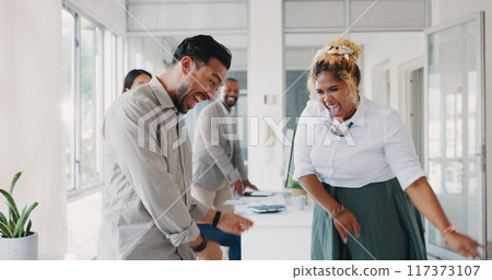 Happy, business people and dancing for teamwork, winning bonus and celebration of success in office. Excited team, man and woman with energy for freedom, synergy and music for collaboration in agency 117373107