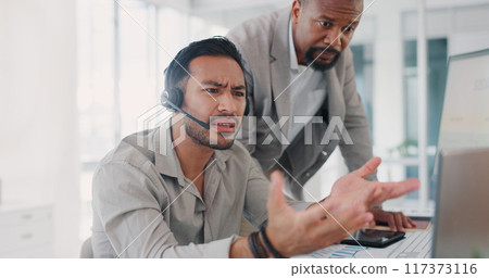 Business people, call center and frustrated in mistake, problem or confused in customer service at office. Men, consultant or agent with error, issue or complaint in online advice or stress at work 117373116
