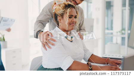 Woman, frustrated and businessman at desk with sexual harassment, touch and hand on shoulder. Bullying, discrimination and abuse victim in office, justice and social fear for scared women in business 117373117