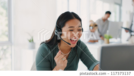 Happy asian woman, call center and winning in celebration, success or sale promotion at office. Excited female person or consultant agent smile with fist pump in customer service or good news at work Happy asian woman, call center and winning in celebration, success or sale promotion at office. Excited female person or consultant agent smile with fist pump in customer service or good news at work 117373137