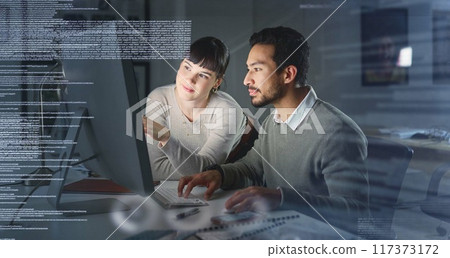 Business people, code with collaboration and information technology, computer for coding, partnership and overlay. Software development, team meeting and man with woman in office, focus and typing 117373172