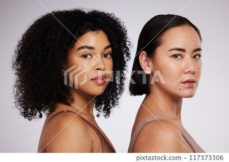 Women, face and diversity with portrait, skincare for different skin color and unique with beauty isolated on studio background. Natural cosmetics, glow and dermatology, inclusion and facial care Women, face and diversity with portrait, skincare for different skin color and unique with beauty isolated on studio background. Natural cosmetics, glow and dermatology, inclusion and facial care 117373306