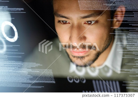 Data, business man and futuristic overlay for trading, investment and stock market. Face, future analytics and male with digital ui, ai and ux for financial app, software or information at night. Data, business man and futuristic overlay for trading, investment and stock market. Face, future analytics and male with digital ui, ai and ux for financial app, software or information at night. 117373307